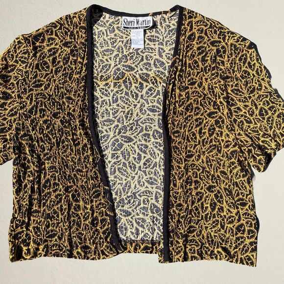 Gold leaf print cropped short sleeve cardigan Y2K bohemian hippie - Picture 4 of 6